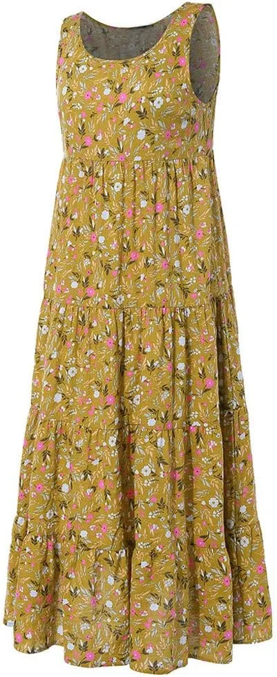 Women Cotton Linen Loose Sundress Summer Casual Lightweight Thin Dress Fashion Floral Print Crewneck Sleeveless Dress