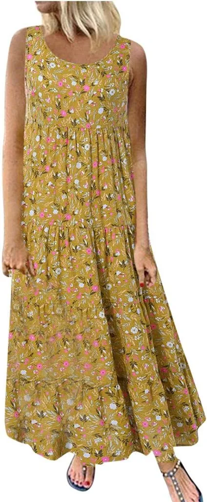 Women Cotton Linen Loose Sundress Summer Casual Lightweight Thin Dress Fashion Floral Print Crewneck Sleeveless Dress