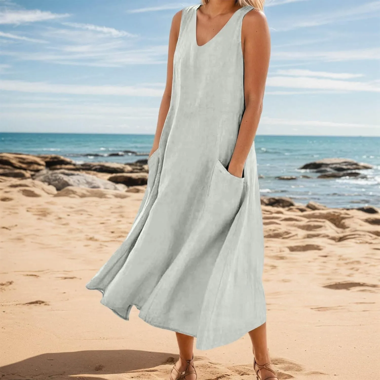 Women Cotton Linen Maxi Dress 2025 Summer Sleeveless Casual Beach Dresses Flowy Vacation Tank Long Dress with Pockets