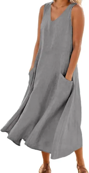 Women Cotton Linen Maxi Dress 2025 Summer Sleeveless Casual Beach Dresses Flowy Vacation Tank Long Dress with Pockets