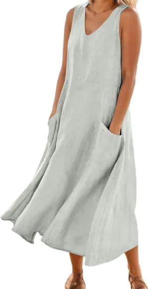 Women Cotton Linen Maxi Dress 2025 Summer Sleeveless Casual Beach Dresses Flowy Vacation Tank Long Dress with Pockets