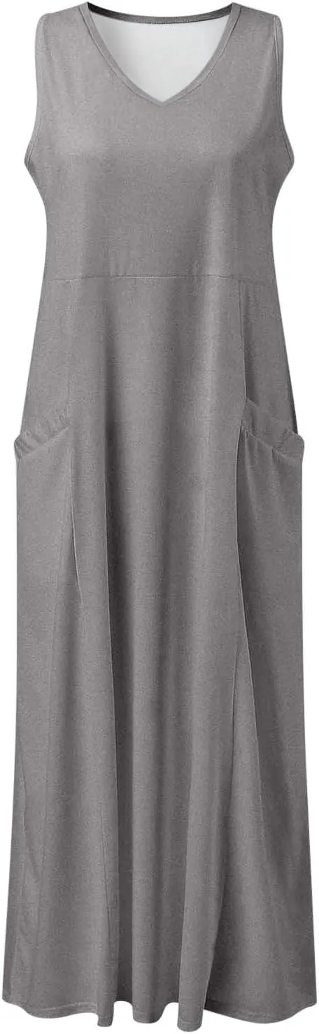 Women Cotton Linen Maxi Dress 2025 Summer Sleeveless Casual Beach Dresses Flowy Vacation Tank Long Dress with Pockets