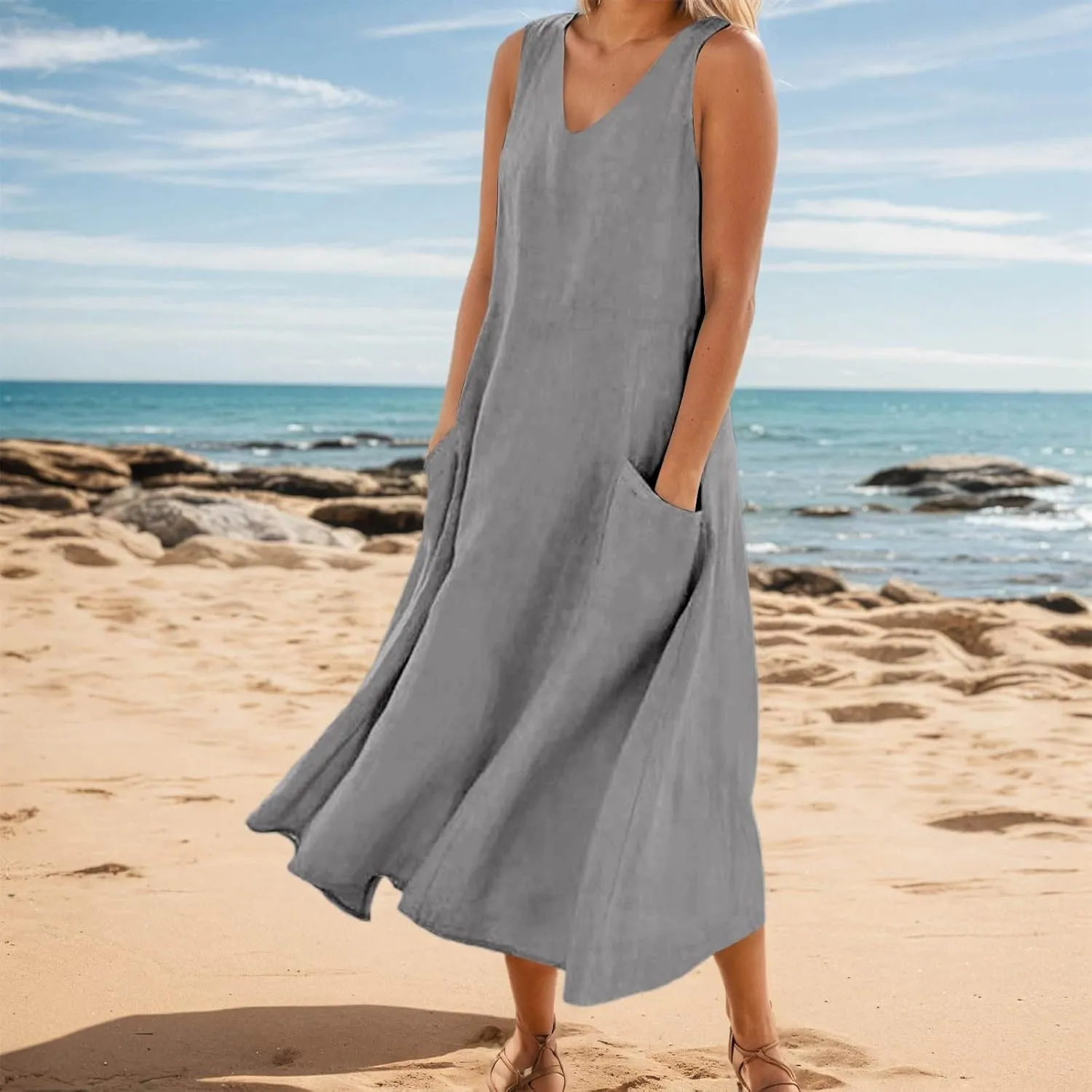 Women Cotton Linen Maxi Dress 2025 Summer Sleeveless Casual Beach Dresses Flowy Vacation Tank Long Dress with Pockets