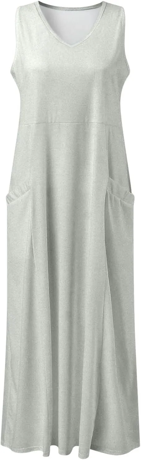 Women Cotton Linen Maxi Dress 2025 Summer Sleeveless Casual Beach Dresses Flowy Vacation Tank Long Dress with Pockets