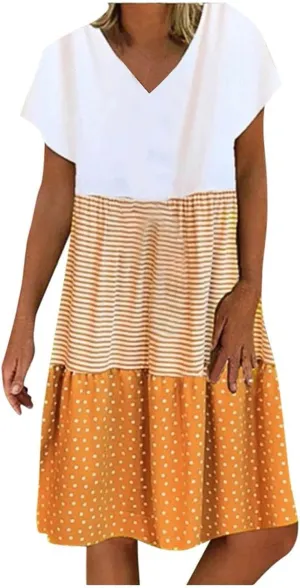 Women Cute Summer Dresses Color Block Short Sleeve Dress V Neck Flowy Dresses Boho Beach Vacation Clothing 2024