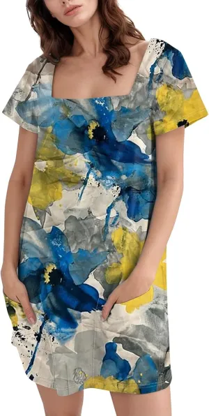 Women Dresses Summer 2025 Short Dresses Short Sleeve Square Neck Casual Dresses Beach T-Shirt Dress with Pockets