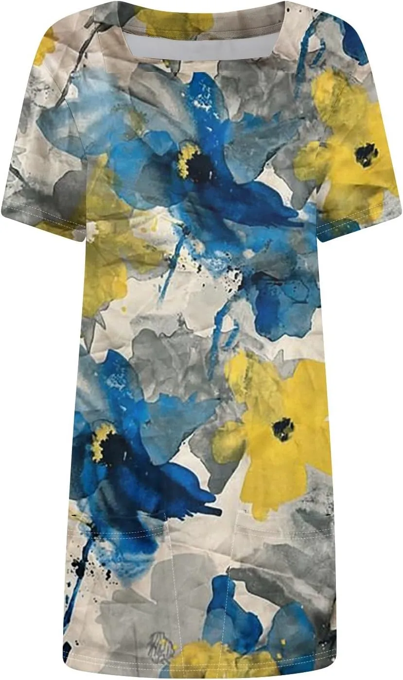 Women Dresses Summer 2025 Short Dresses Short Sleeve Square Neck Casual Dresses Beach T-Shirt Dress with Pockets