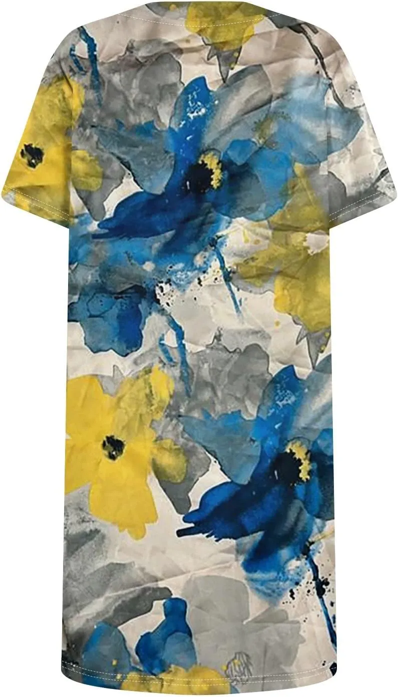 Women Dresses Summer 2025 Short Dresses Short Sleeve Square Neck Casual Dresses Beach T-Shirt Dress with Pockets