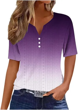 Women Dressy Causal Eyelet Tops Trendy Gradient Print Summer Shirts Short Sleeve Button Down V Neck Tunic Blouses