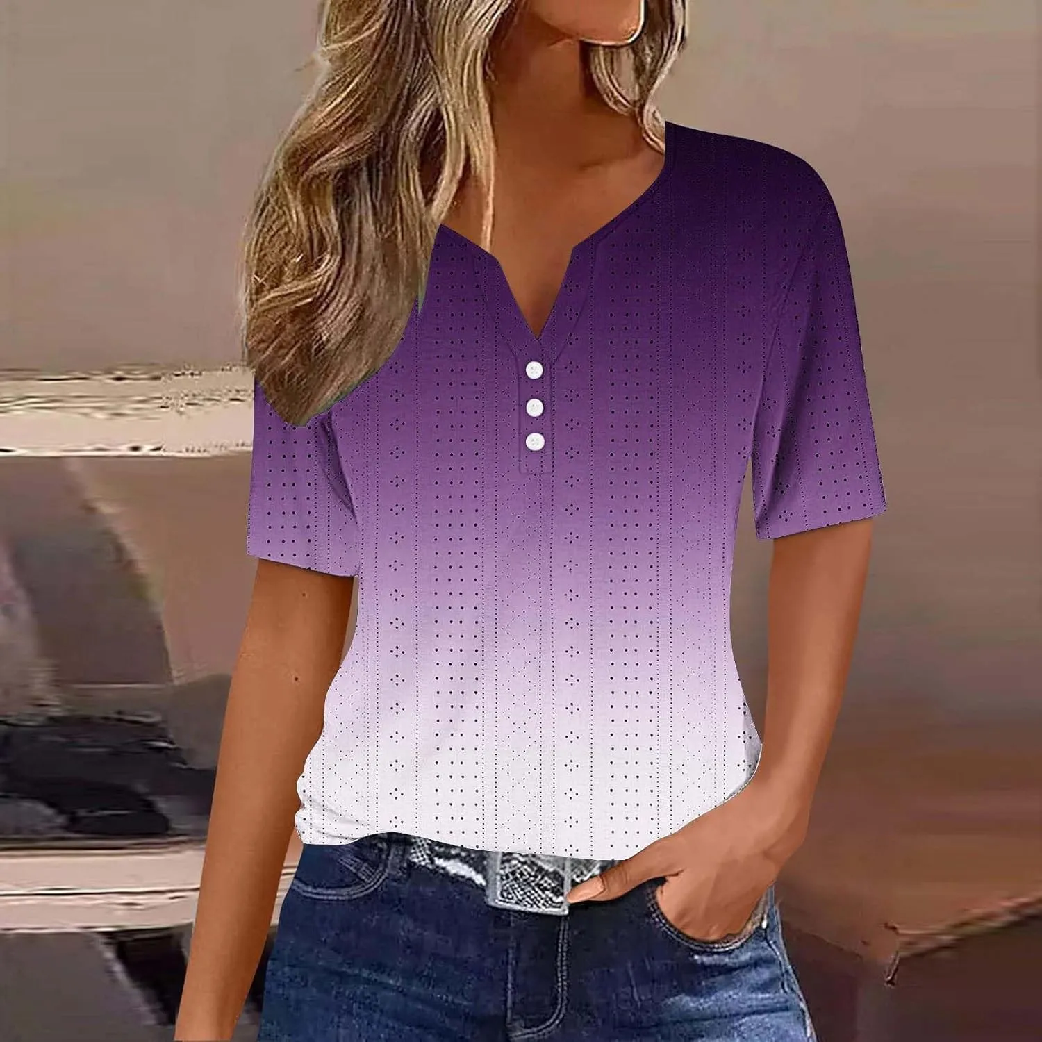 Women Dressy Causal Eyelet Tops Trendy Gradient Print Summer Shirts Short Sleeve Button Down V Neck Tunic Blouses