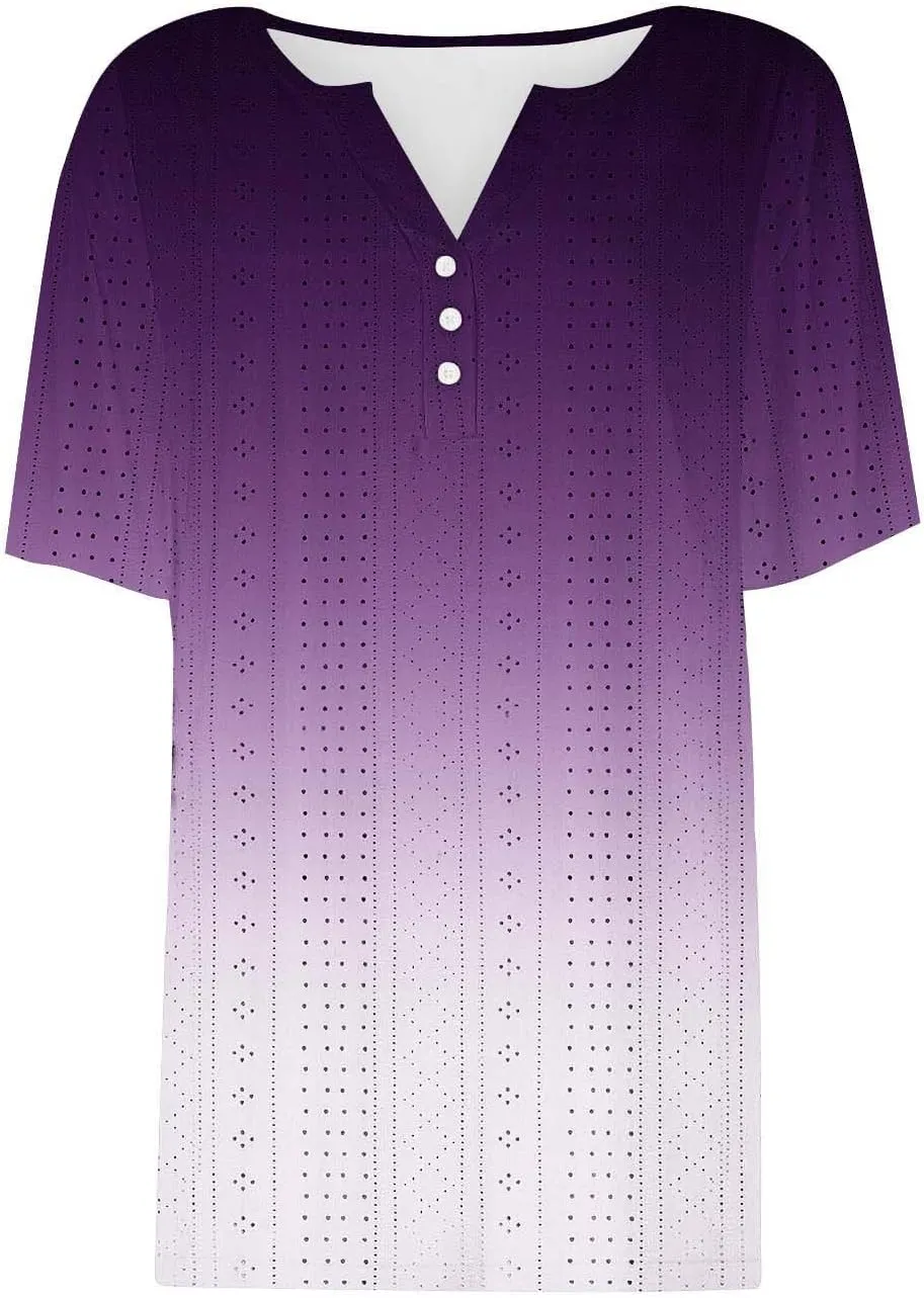 Women Dressy Causal Eyelet Tops Trendy Gradient Print Summer Shirts Short Sleeve Button Down V Neck Tunic Blouses