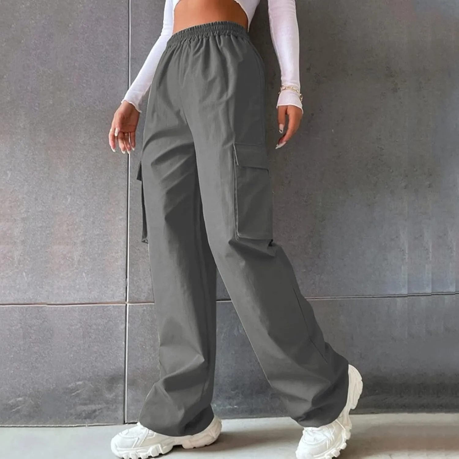 Women High Waisted Wide Leg Cargo Pants Button Down Loose Casual Trendy Work Trousers with 2 Pockets