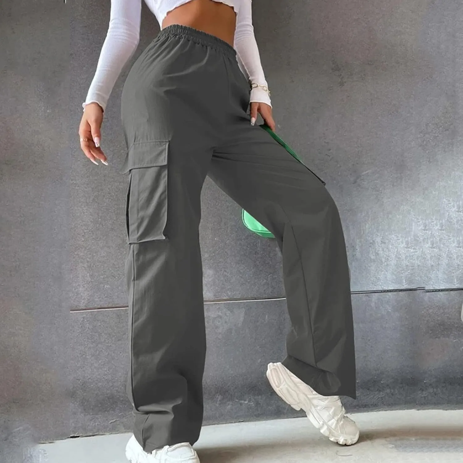 Women High Waisted Wide Leg Cargo Pants Button Down Loose Casual Trendy Work Trousers with 2 Pockets