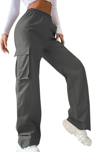 Women High Waisted Wide Leg Cargo Pants Button Down Loose Casual Trendy Work Trousers with 2 Pockets
