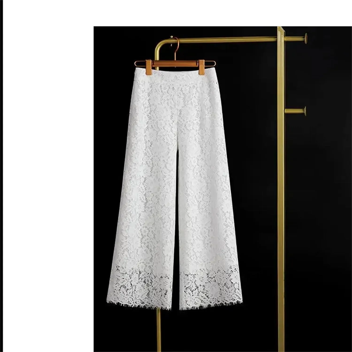 Women Lace Wide Leg Pants Bottoms Loose Straight Trousers High Waist Solid Color Summer Pant