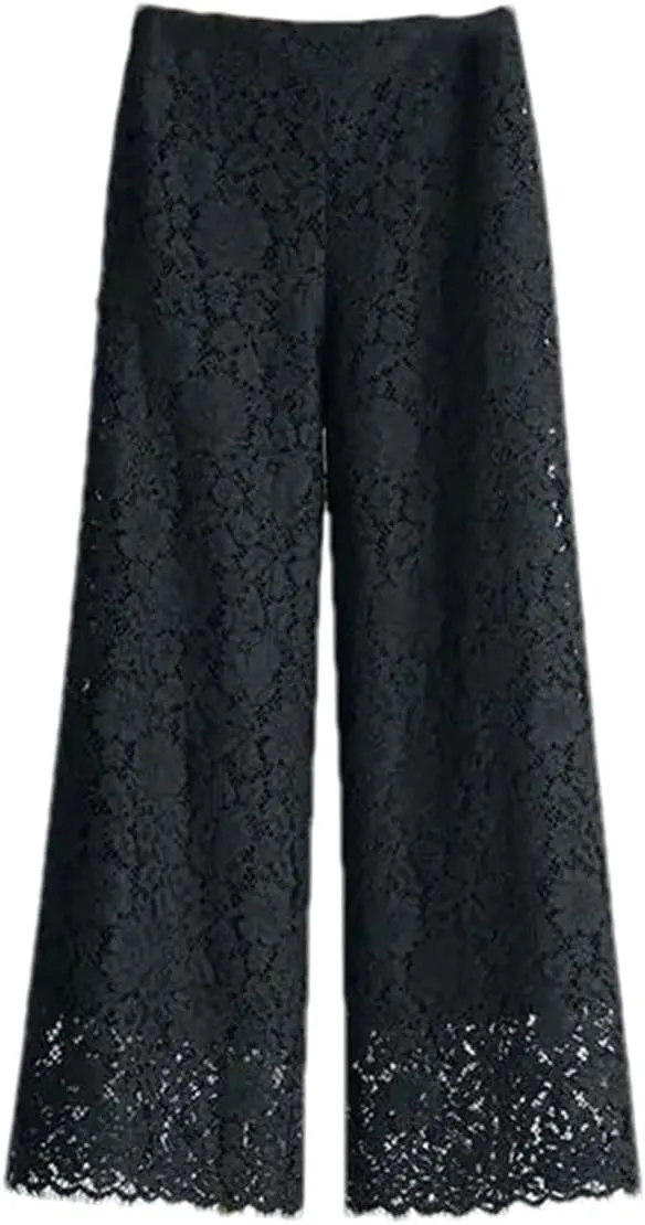 Women Lace Wide Leg Pants Bottoms Loose Straight Trousers High Waist Solid Color Summer Pant