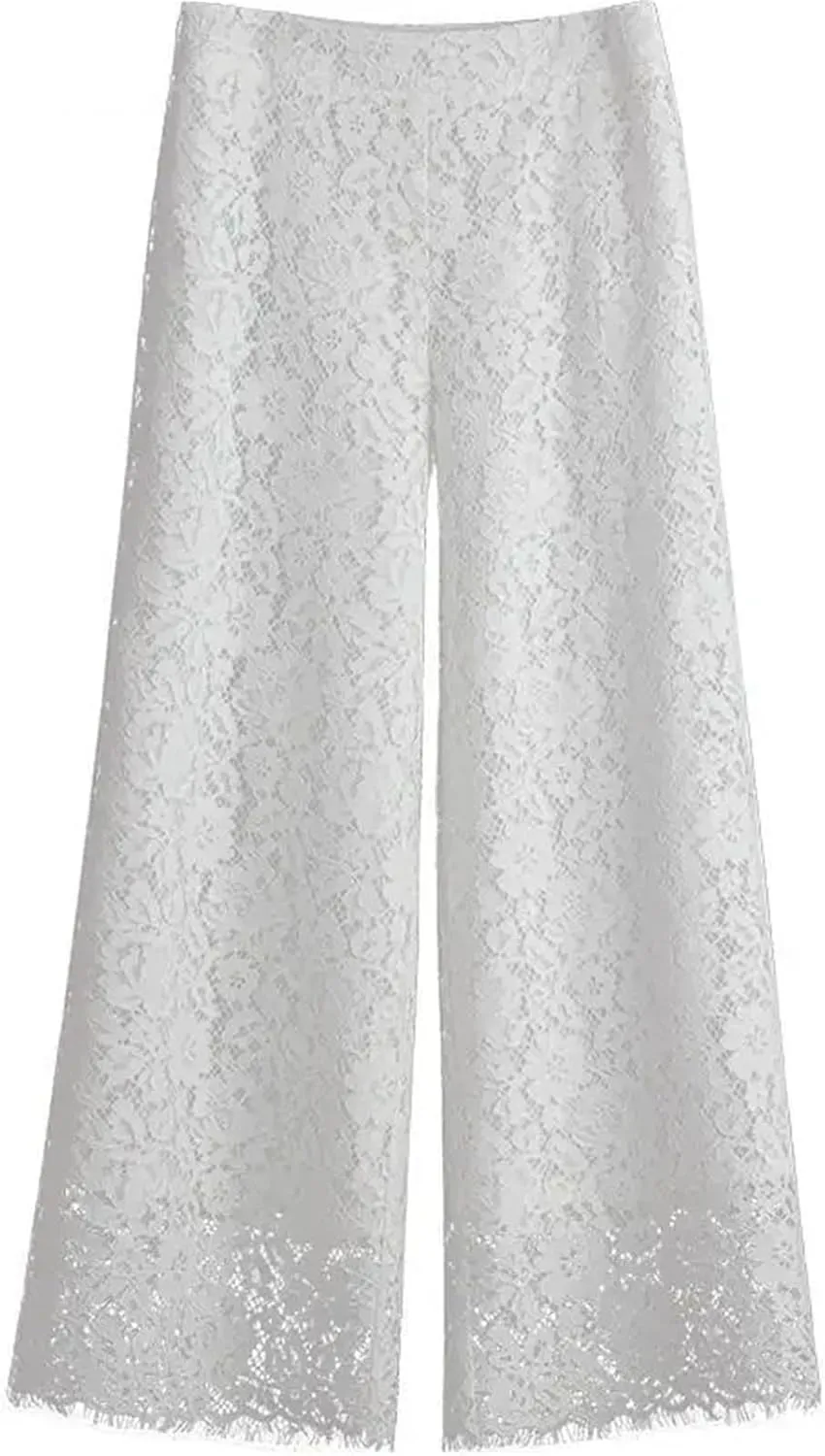 Women Lace Wide Leg Pants Bottoms Loose Straight Trousers High Waist Solid Color Summer Pant