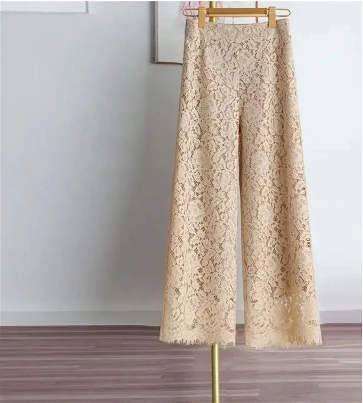 Women Lace Wide Leg Pants Bottoms Loose Straight Trousers High Waist Solid Color Summer Pant