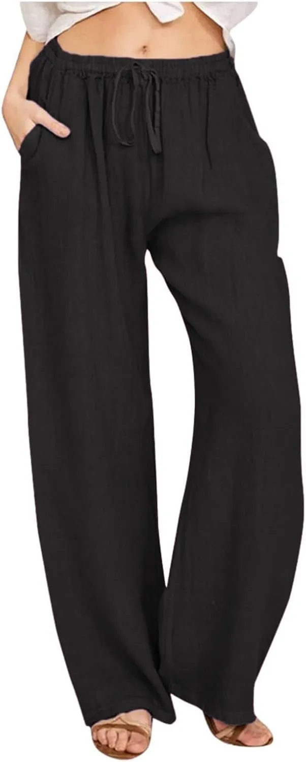 Women Linen Pants Summer Casual Beach Pants Drawstring High Waisted Wide Leg Pants Loose Trousers with Pockets