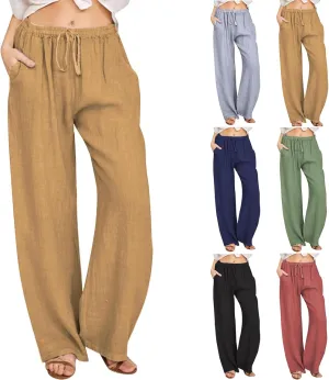Women Linen Pants Summer Casual Beach Pants Drawstring High Waisted Wide Leg Pants Loose Trousers with Pockets