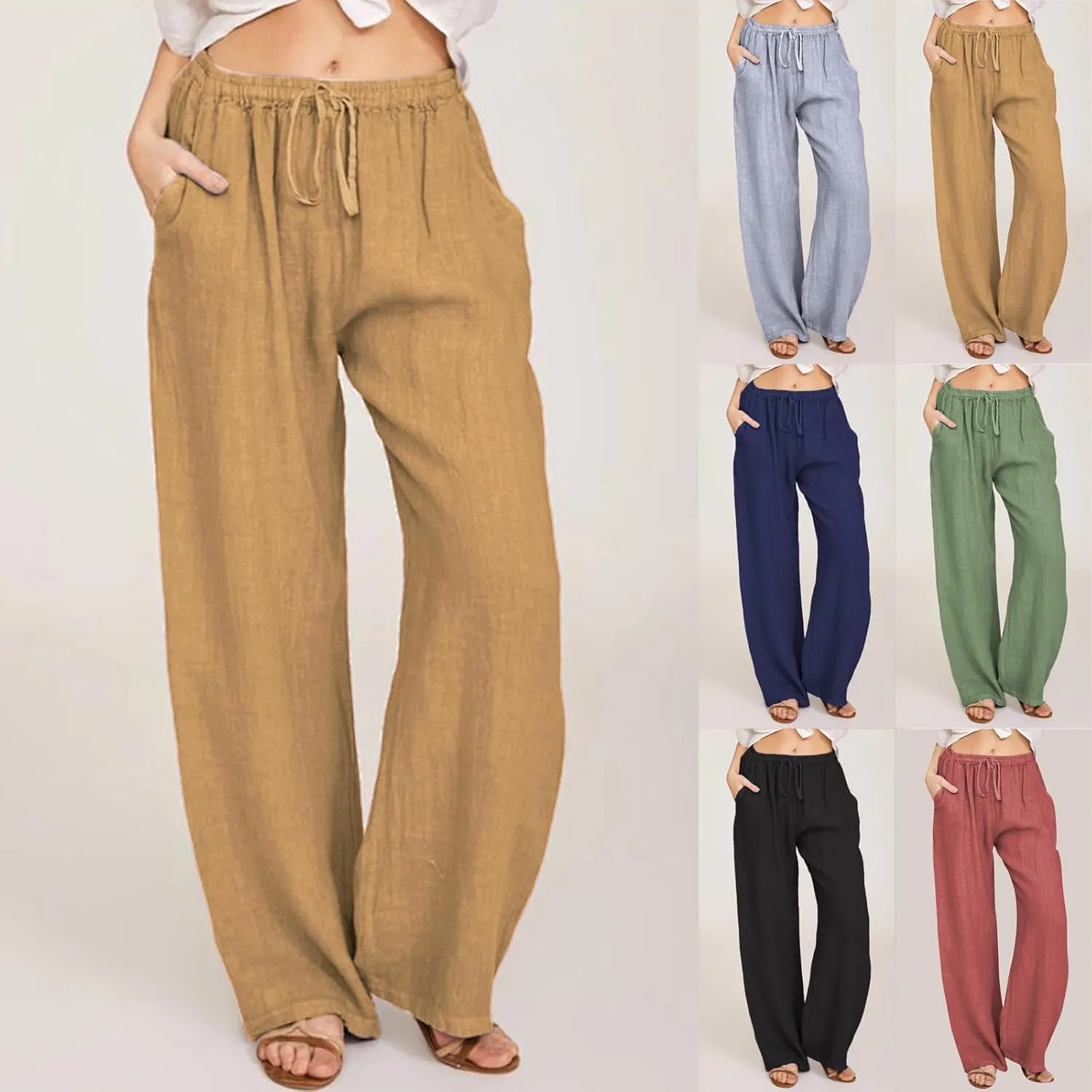 Women Linen Pants Summer Casual Beach Pants Drawstring High Waisted Wide Leg Pants Loose Trousers with Pockets