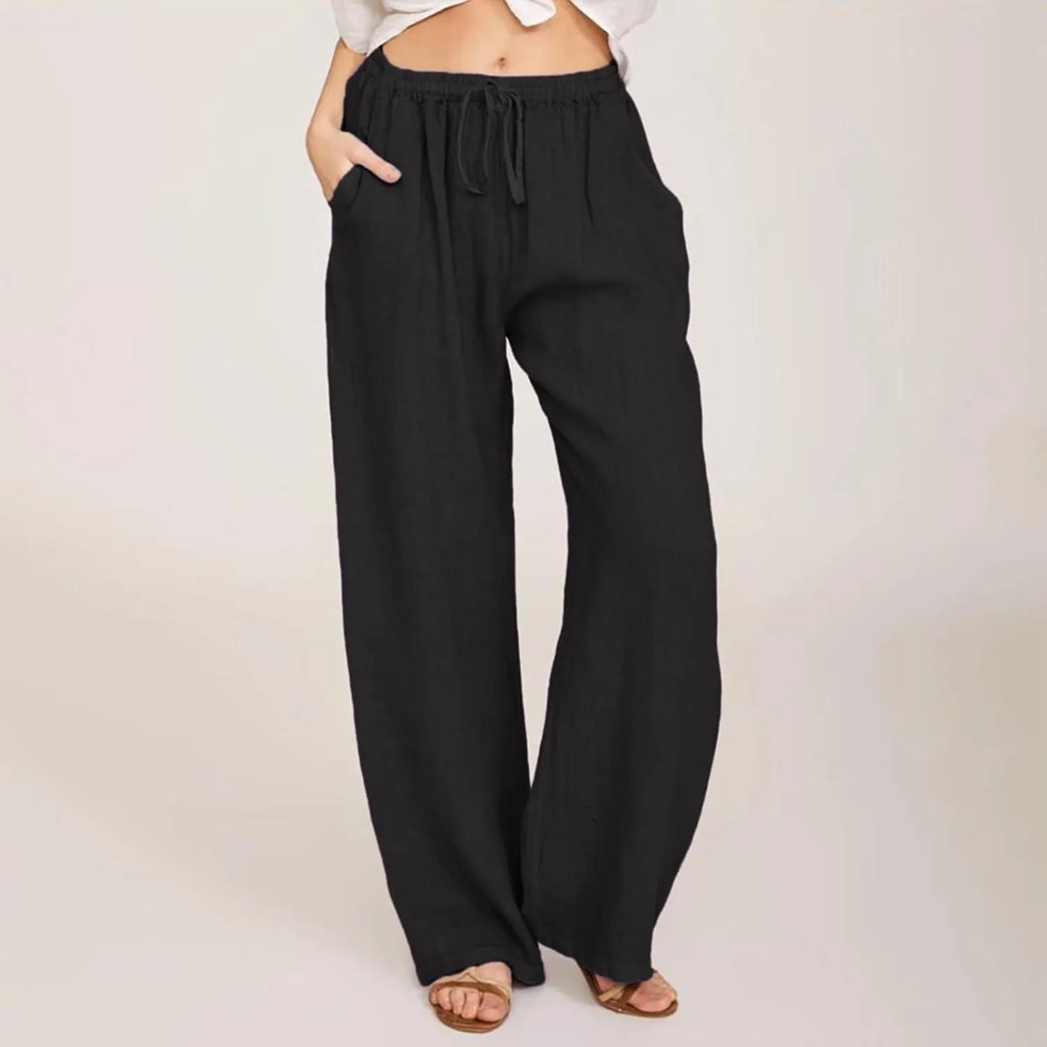Women Linen Pants Summer Casual Beach Pants Drawstring High Waisted Wide Leg Pants Loose Trousers with Pockets