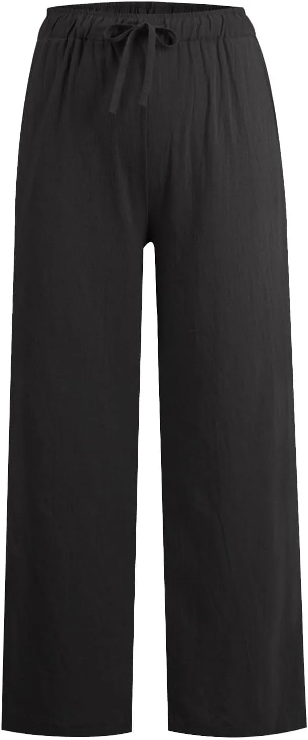 Women Linen Pants Summer Casual Beach Pants Drawstring High Waisted Wide Leg Pants Loose Trousers with Pockets