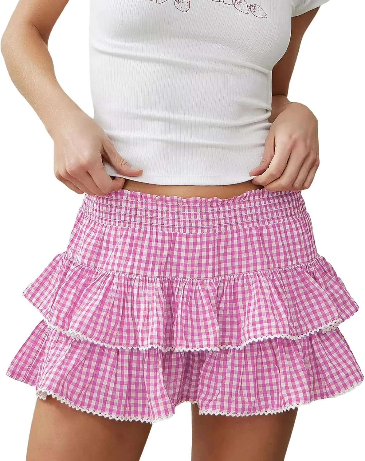 Women Men's Sissy Mini Skirt Y2k Gingham Plaid Lace Trim Pleated Short Skirt Ruffle Tiered Anime Skirts Halloween Cosplay