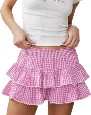 Women Men's Sissy Mini Skirt Y2k Gingham Plaid Lace Trim Pleated Short Skirt Ruffle Tiered Anime Skirts Halloween Cosplay