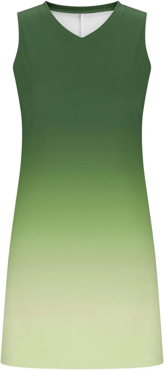 Women Mini Dresses Gradient Slit Side Colorblock Sleeveless V Neck Slim Beach Tank Dress Summer Casual Sundress
