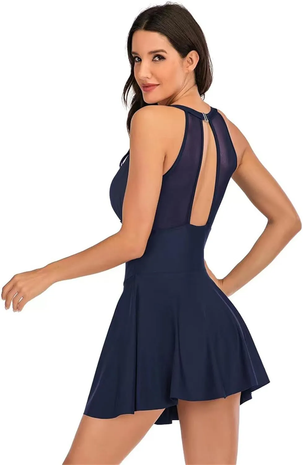 Women One Piece Mesh Bathing Suits Swimdress Tummy Control Ruched Skirt Swimsuits Sexy Backless Cutout Beach Swimdwear