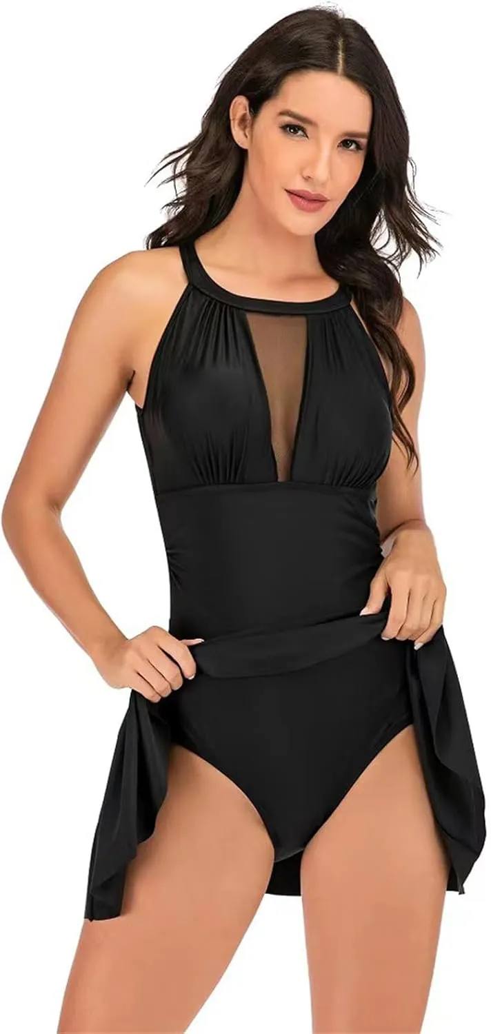 Women One Piece Mesh Bathing Suits Swimdress Tummy Control Ruched Skirt Swimsuits Sexy Backless Cutout Beach Swimdwear