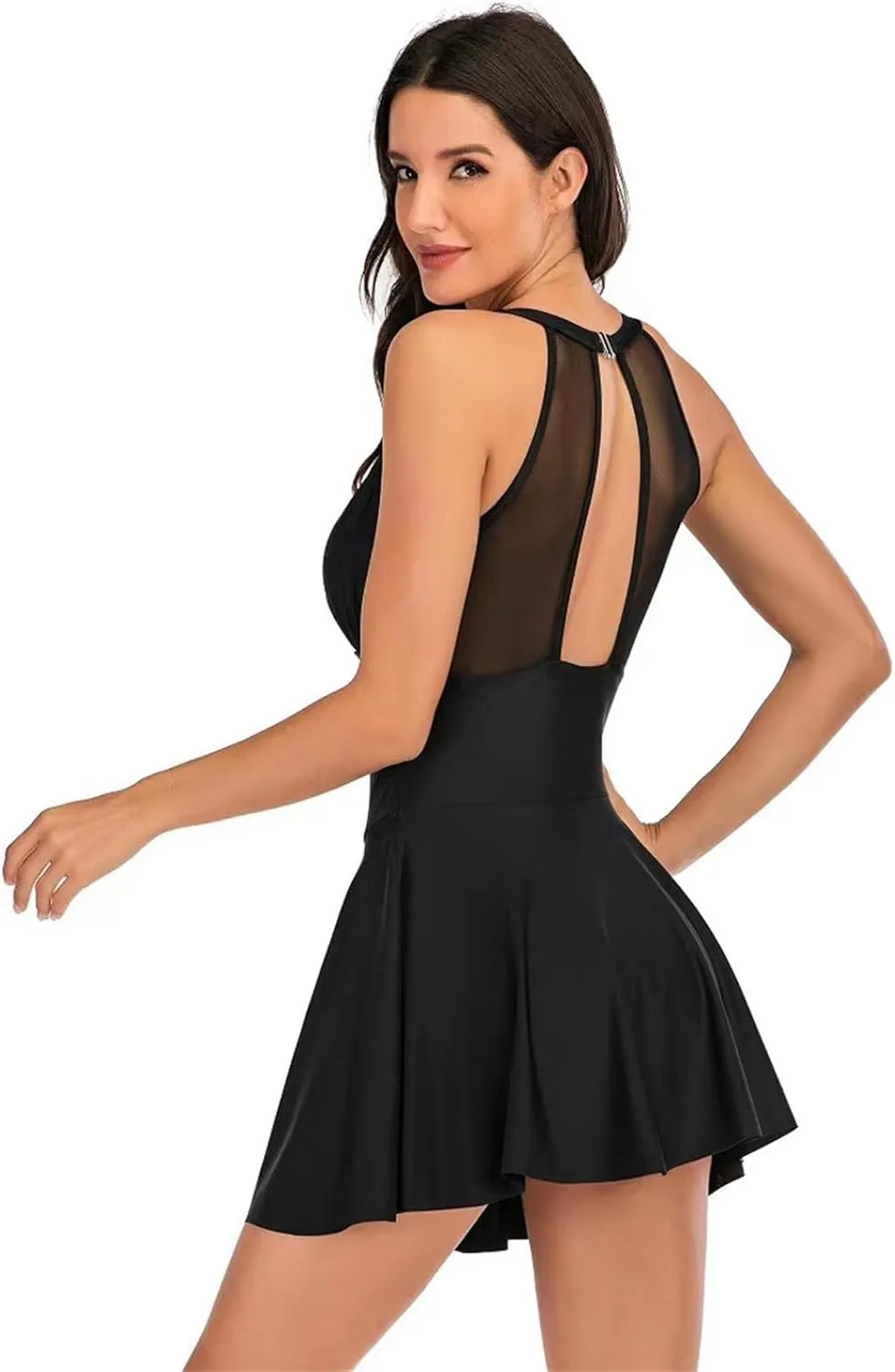 Women One Piece Mesh Bathing Suits Swimdress Tummy Control Ruched Skirt Swimsuits Sexy Backless Cutout Beach Swimdwear