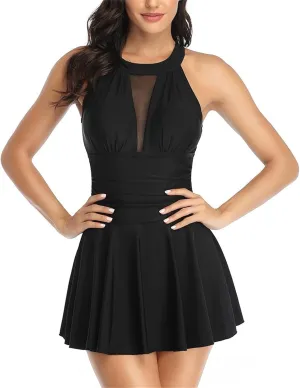 Women One Piece Mesh Bathing Suits Swimdress Tummy Control Ruched Skirt Swimsuits Sexy Backless Cutout Beach Swimdwear