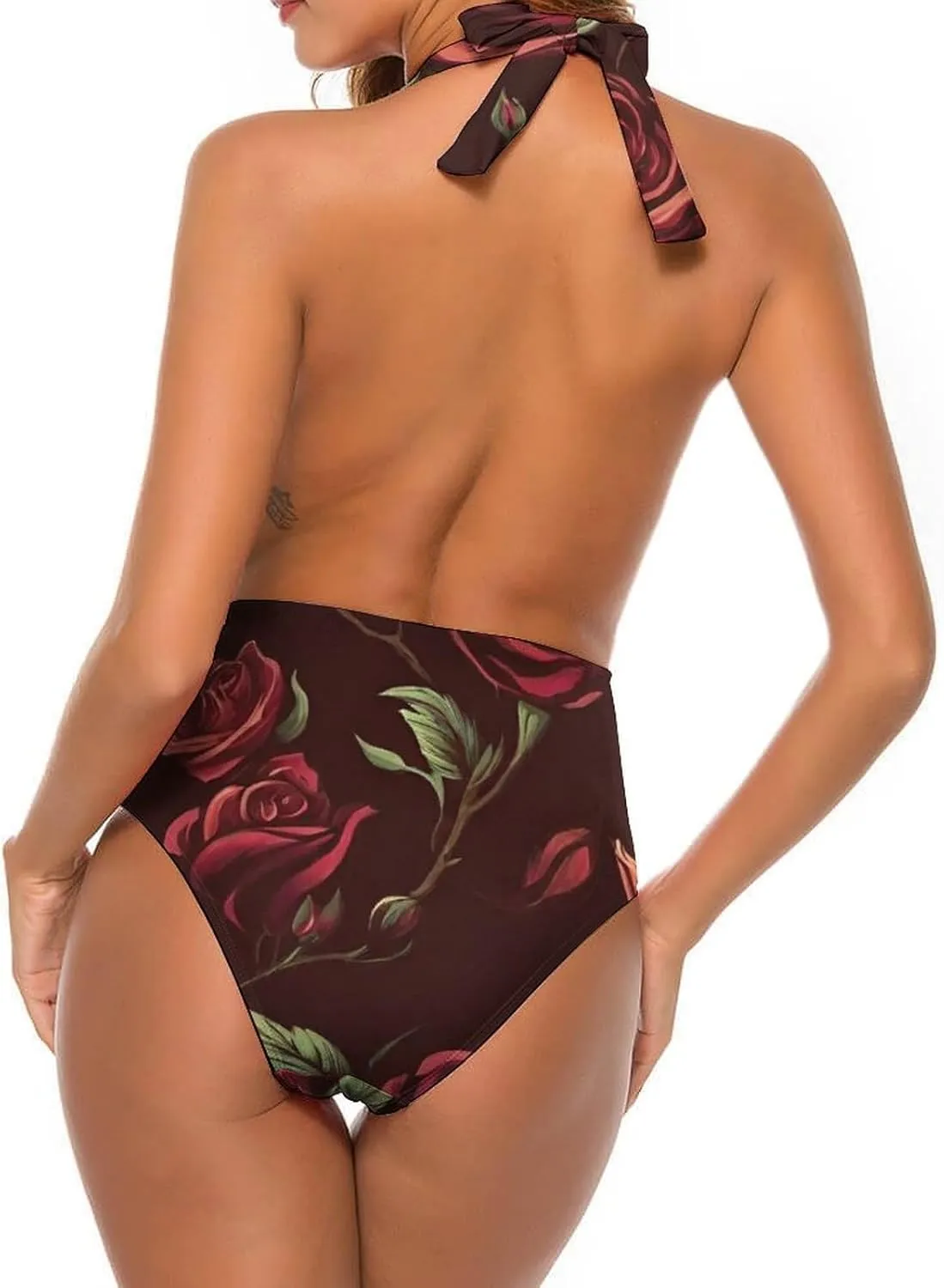 Women One Piece Swimsuit Monokini Backless V Neck Swimdress Retro Beachwear