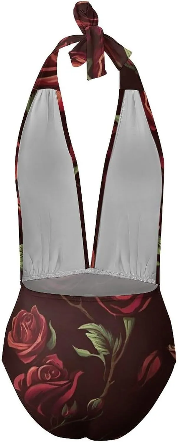 Women One Piece Swimsuit Monokini Backless V Neck Swimdress Retro Beachwear