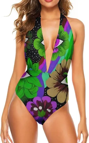 Women One Piece Swimsuit Monokini Backless V Neck Swimwear Cheeky Beachwear