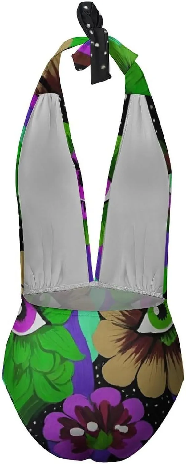 Women One Piece Swimsuit Monokini Backless V Neck Swimwear Cheeky Beachwear