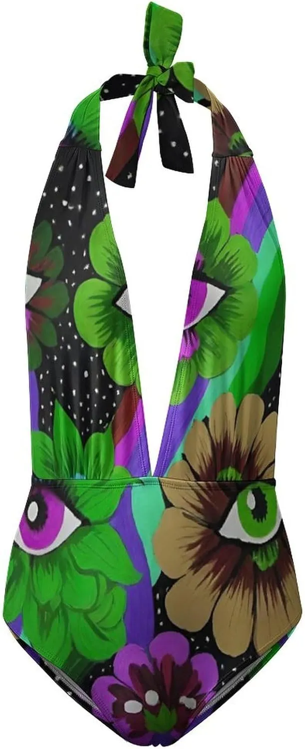 Women One Piece Swimsuit Monokini Backless V Neck Swimwear Cheeky Beachwear