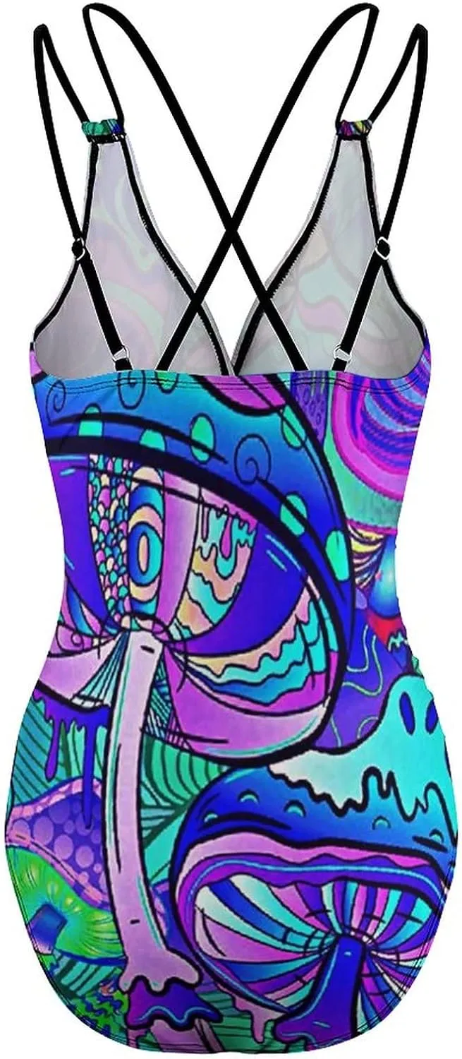 Women One Piece Swimsuit Monokini Halter Neck Swimdress Retro Boho Beachwear