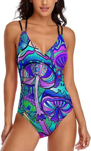 Women One Piece Swimsuit Monokini Halter Neck Swimdress Retro Boho Beachwear