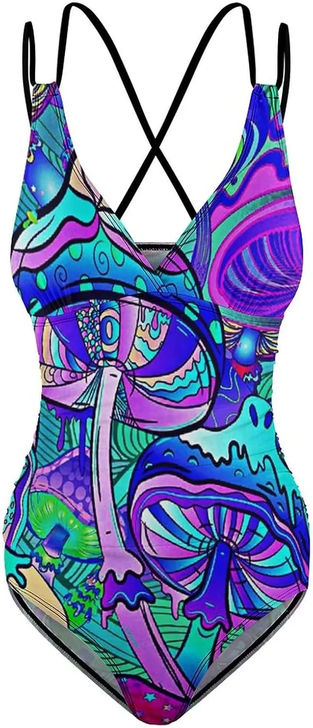 Women One Piece Swimsuit Monokini Halter Neck Swimdress Retro Boho Beachwear