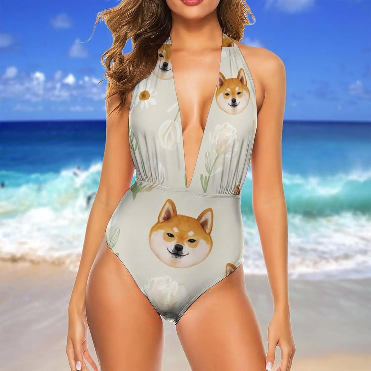 Women One Piece Swimsuit Monokini V-Neckline Swimwear Vintage Beachwear
