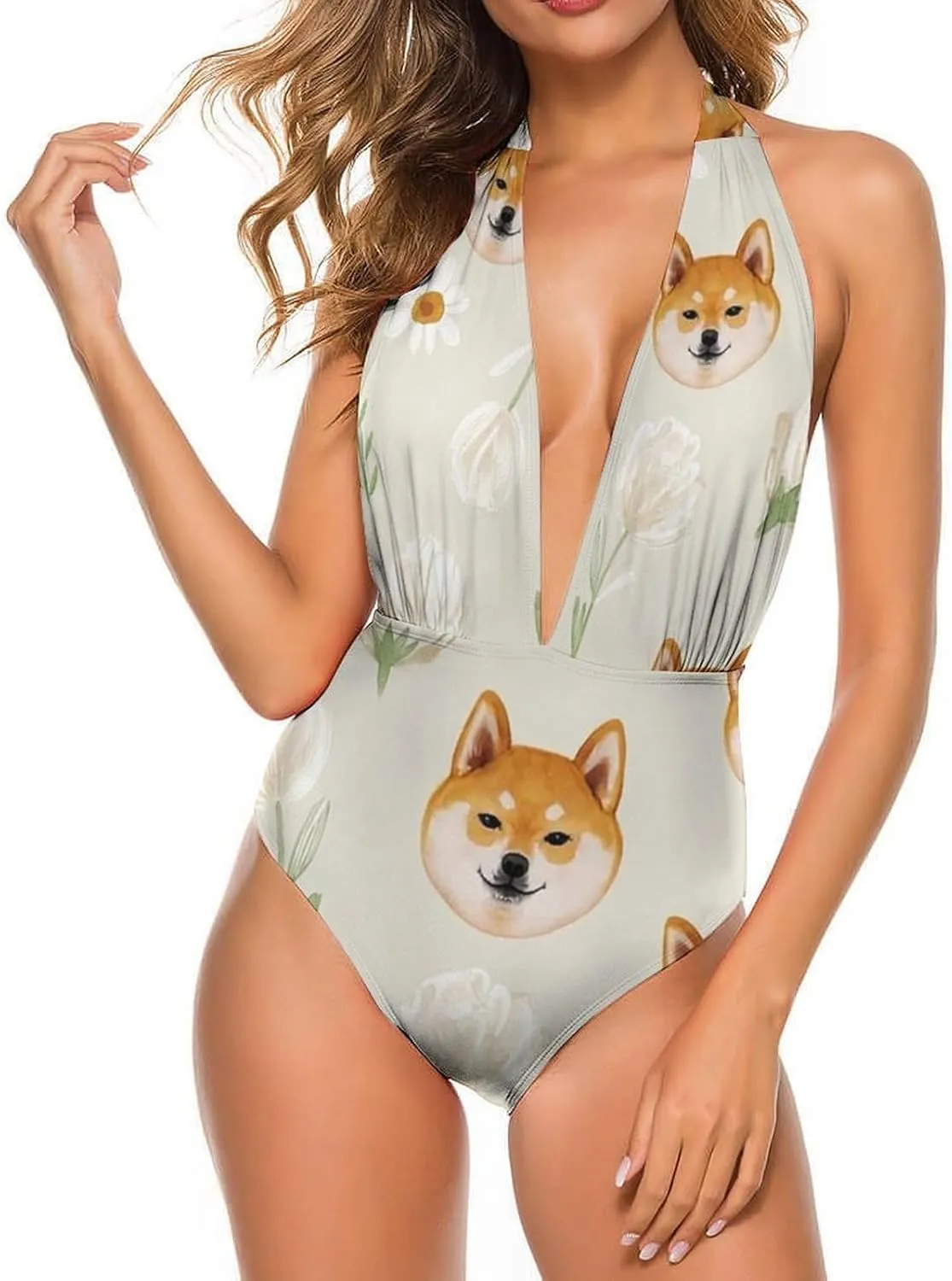 Women One Piece Swimsuit Monokini V-Neckline Swimwear Vintage Beachwear