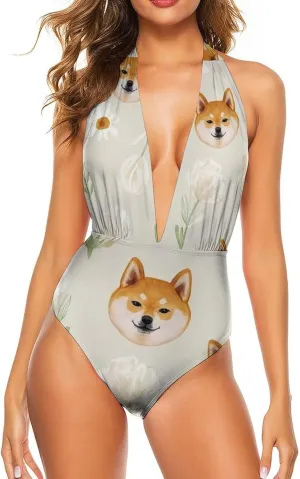Women One Piece Swimsuit Monokini V-Neckline Swimwear Vintage Beachwear