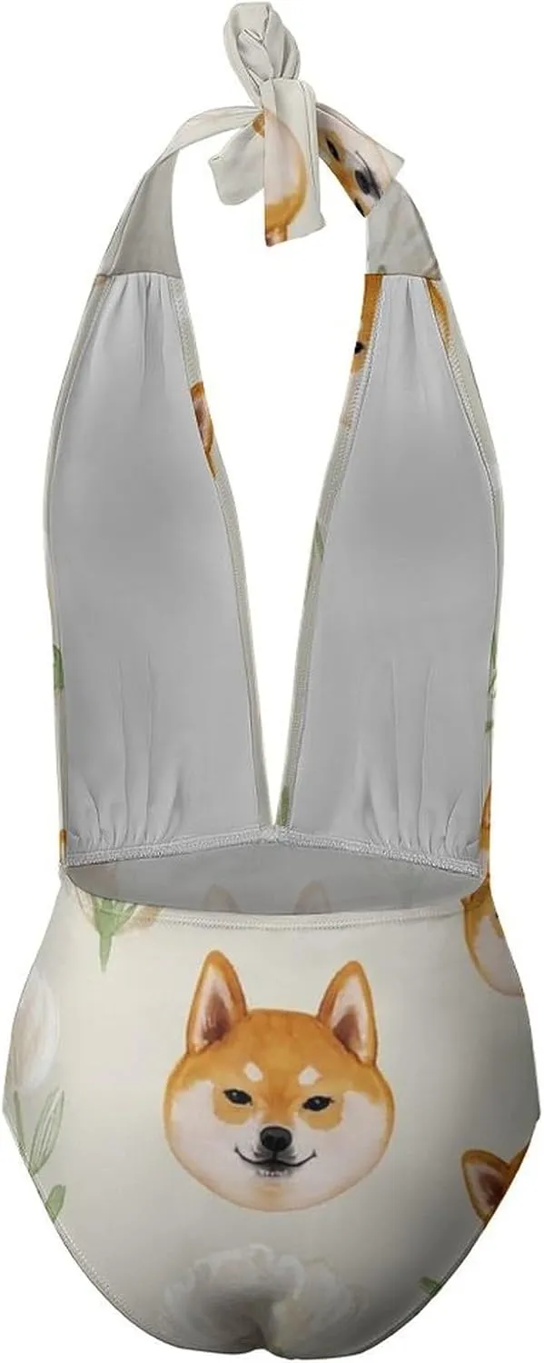Women One Piece Swimsuit Monokini V-Neckline Swimwear Vintage Beachwear