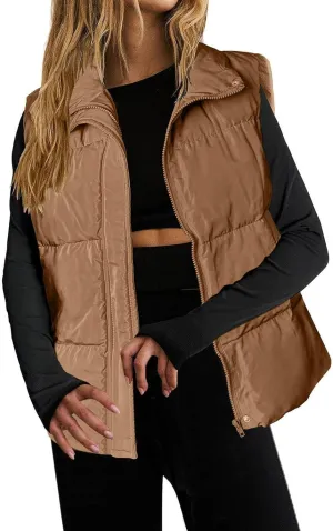 Women Packable Down Puffy Outwear Vest Up Collar Sleeveless Winter Warm Zipper Jacket with Outerwear Padded Jacket