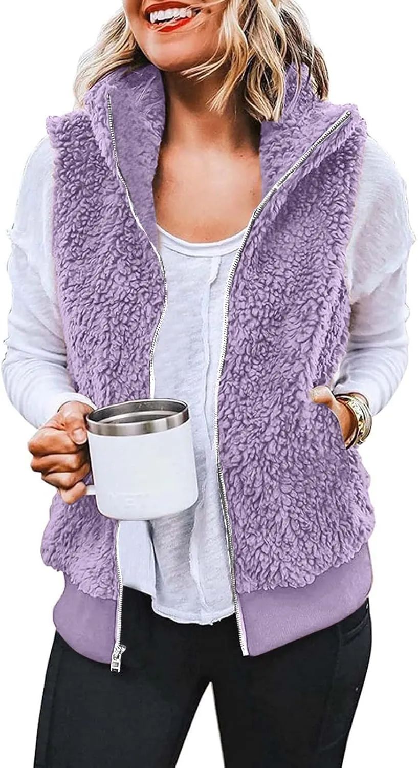 Women Plush Hooded Coats Lightweight Vest Coat Winter Outwear Zip Up Fleece Sleeveless Jacket with Pockets