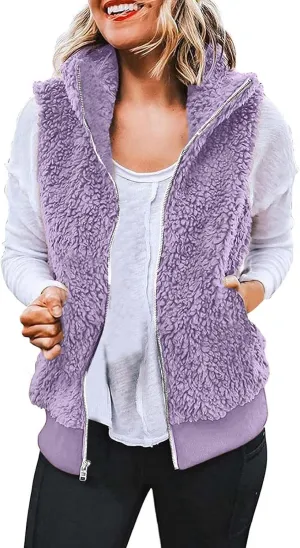 Women Plush Hooded Coats Lightweight Vest Coat Winter Outwear Zip Up Fleece Sleeveless Jacket with Pockets