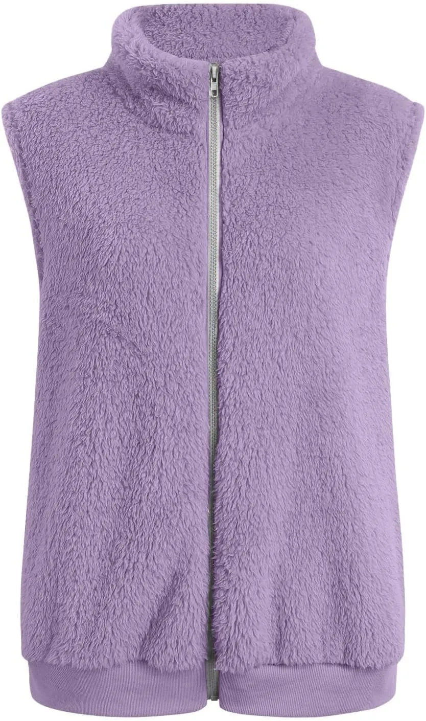 Women Plush Hooded Coats Lightweight Vest Coat Winter Outwear Zip Up Fleece Sleeveless Jacket with Pockets